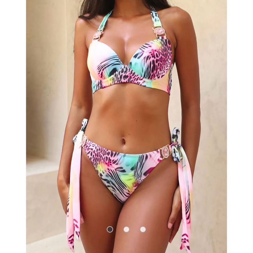 Moda Minx Amour Rhinestone Crystal Pastel Leopard Print Push Up Bikini Set M S💎🐆